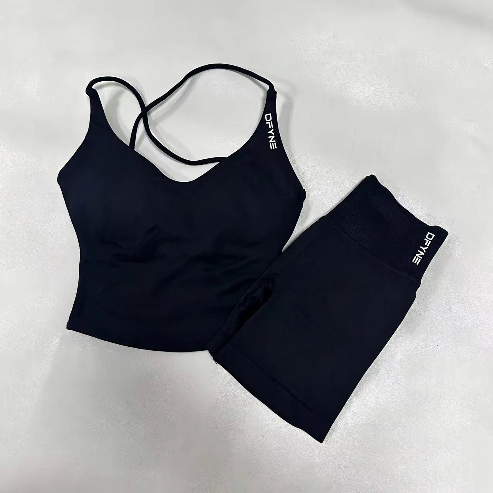 DFYNE Women'S 2-Piece Seamless Workout Set - Padded Criss Cross Strappy Back Sports Crop Bra, High Waist Butt Lifting 3In Squat Proof Bike Shorts for Gym, Yoga