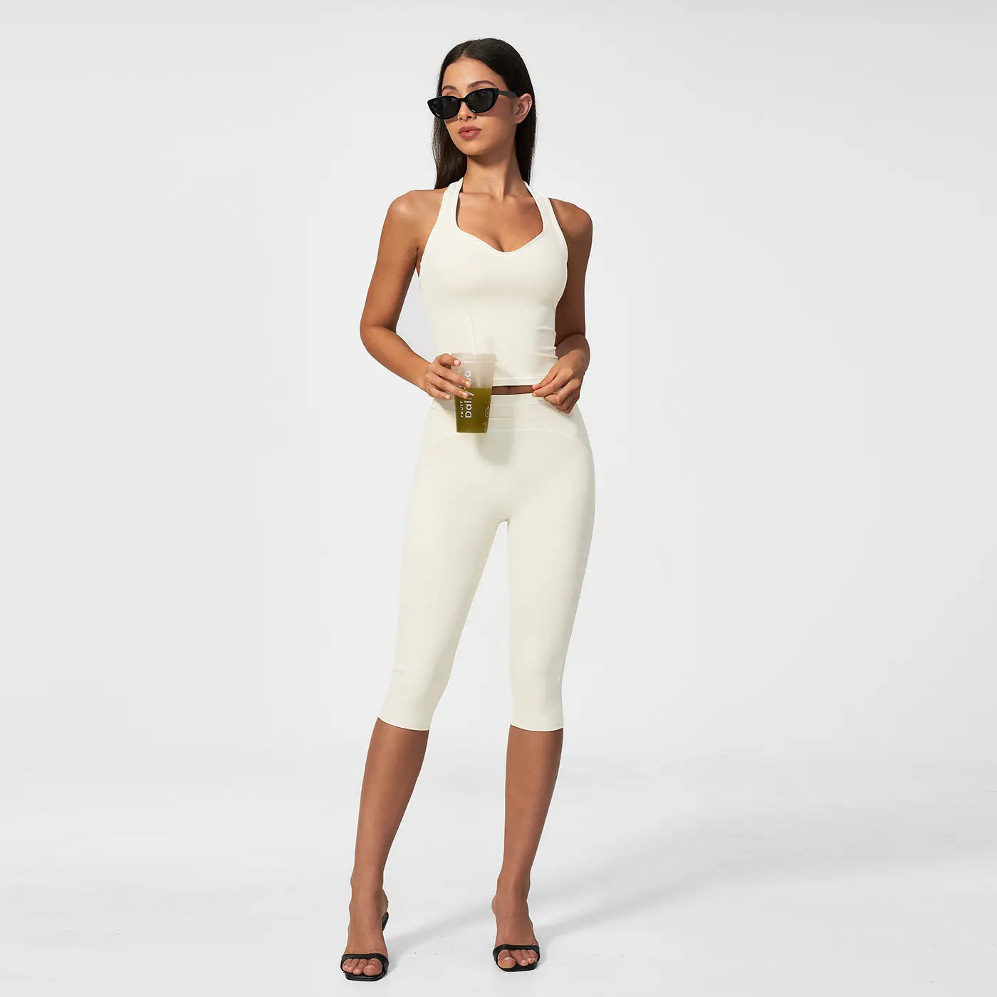 MFVIM Women’S Type I “I” Back Design Yoga Set with Color-Block Lines — High-Waisted 3/4 Yoga Shorts and Shaping Fitness Two-Piece for a Second-Skin Feel
