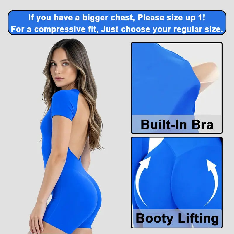 [SIZE up 1] DENFY Impact Short Sleeve One Piece Women Soft Padded Bralette Tummy Control Butt Lifting Gym Workout Yoga One Piece Activewear [STRONG COMPRESSED]