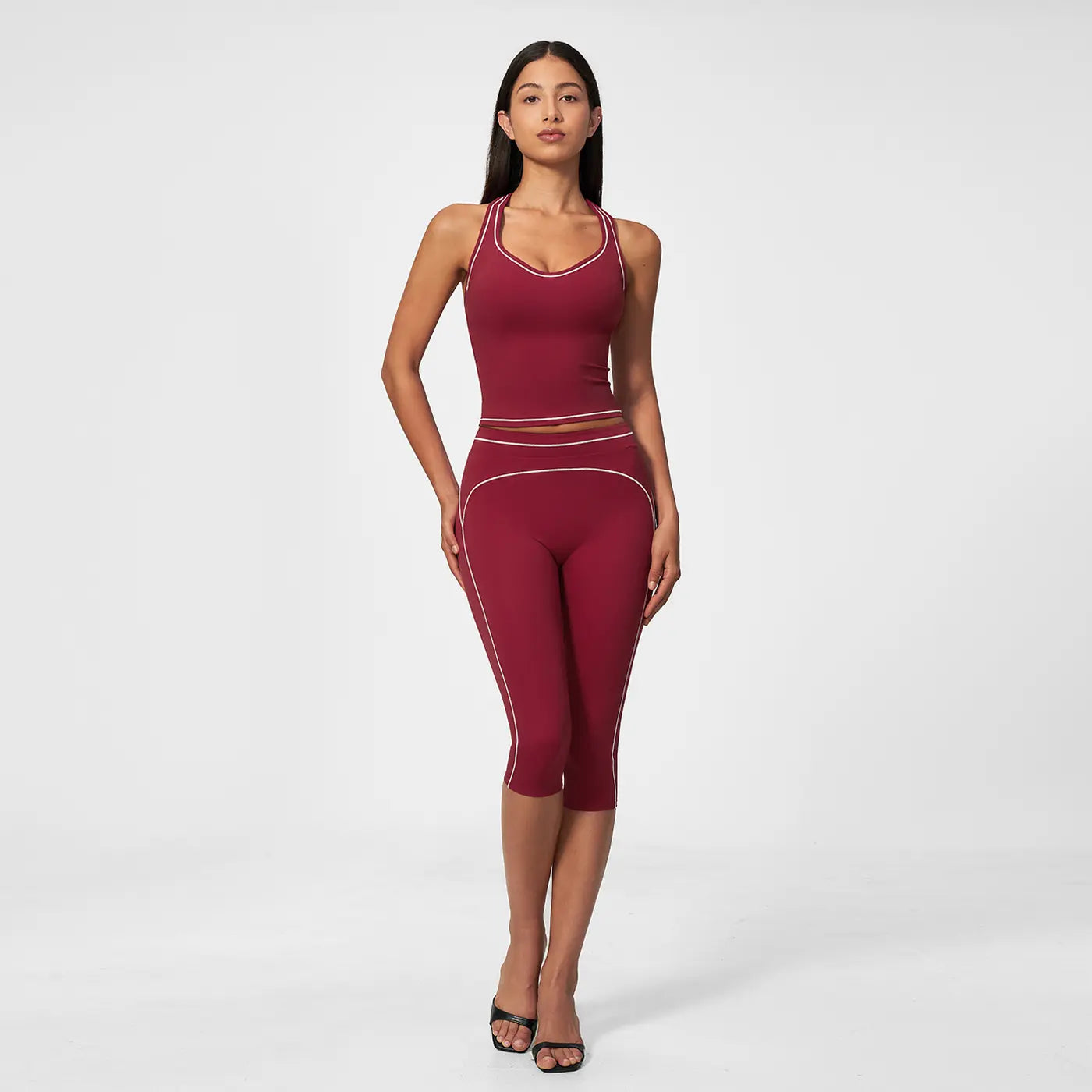 MFVIM Women’S Type I “I” Back Design Yoga Set with Color-Block Lines — High-Waisted 3/4 Yoga Shorts and Shaping Fitness Two-Piece for a Second-Skin Feel