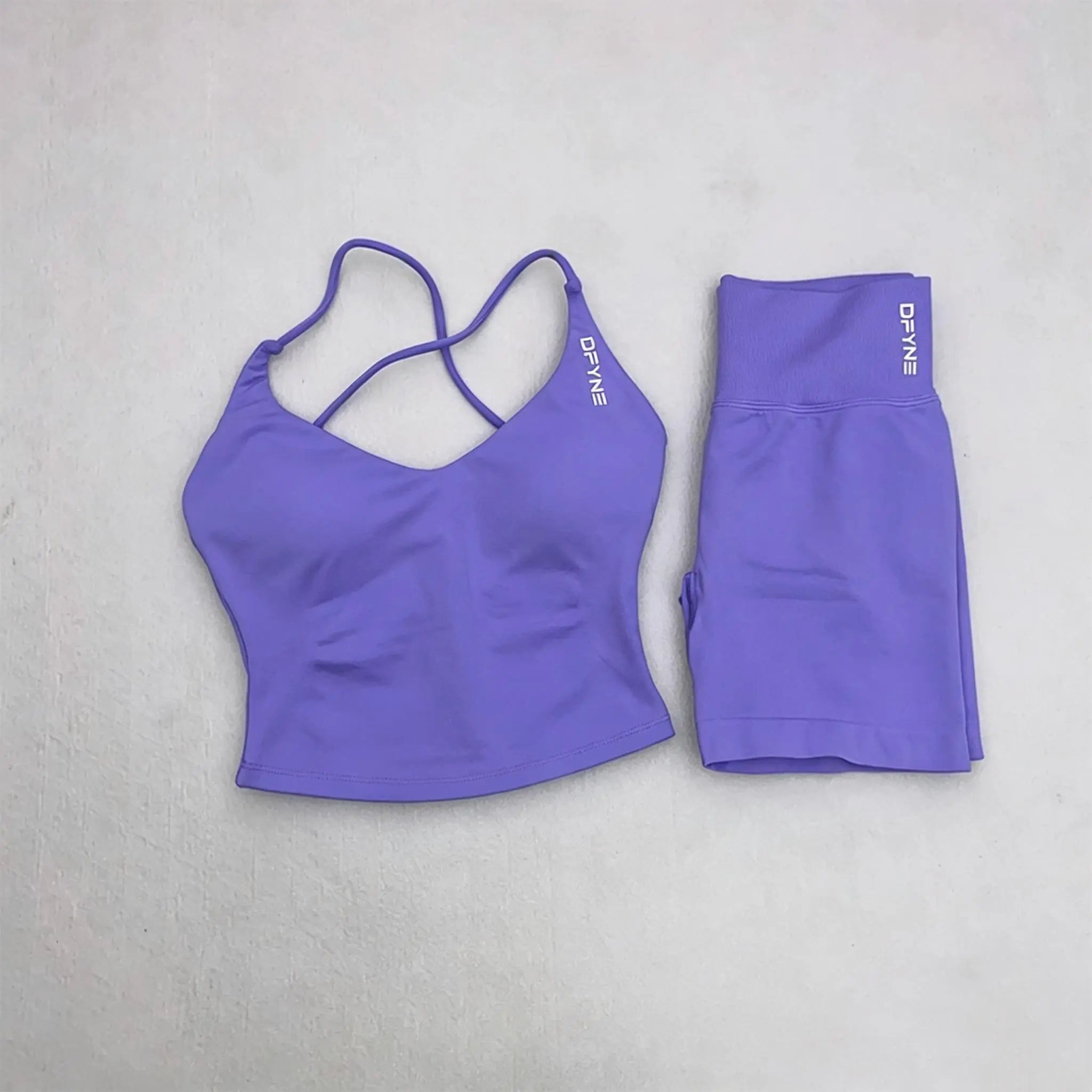DFYNE Women'S 2-Piece Seamless Workout Set - Padded Criss Cross Strappy Back Sports Crop Bra, High Waist Butt Lifting 3In Squat Proof Bike Shorts for Gym, Yoga
