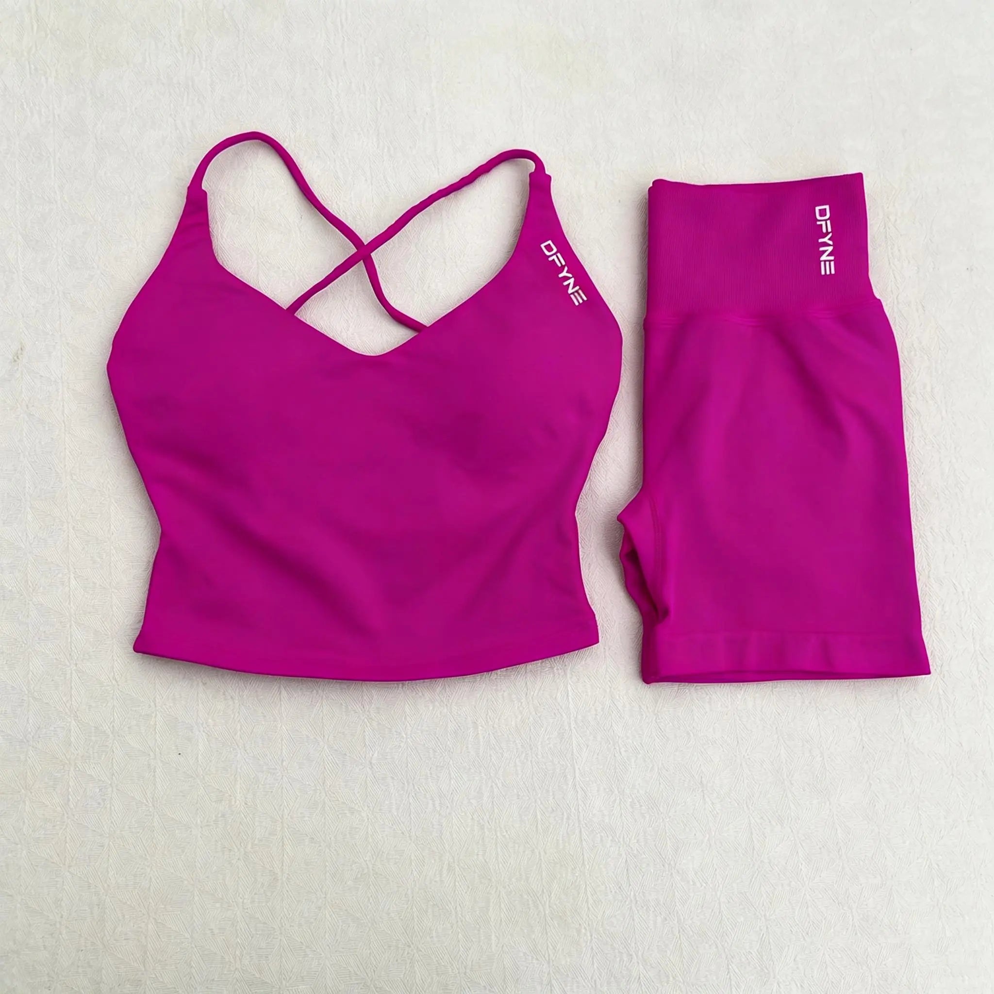 DFYNE Women'S 2-Piece Seamless Workout Set - Padded Criss Cross Strappy Back Sports Crop Bra, High Waist Butt Lifting 3In Squat Proof Bike Shorts for Gym, Yoga