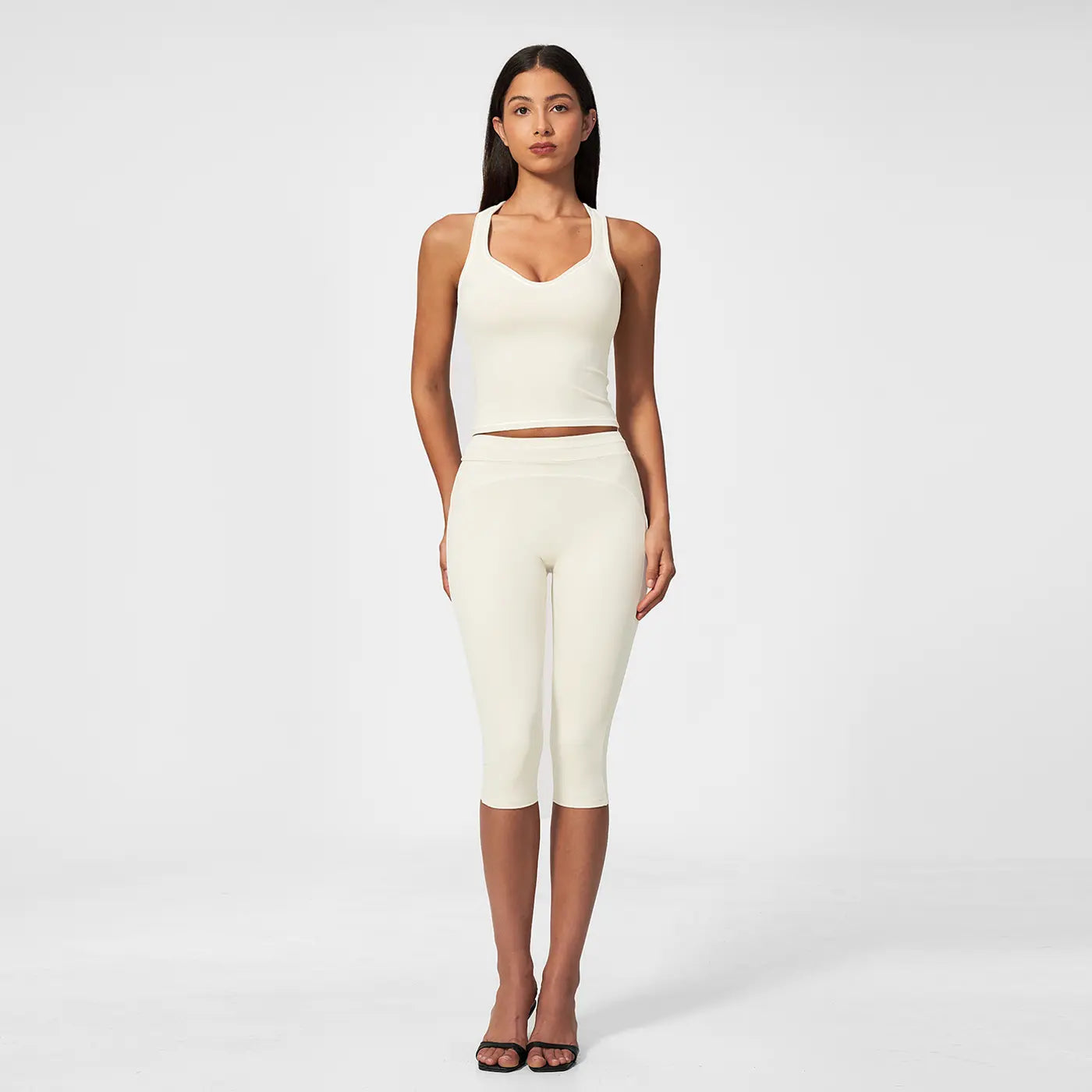 MFVIM Women’S Type I “I” Back Design Yoga Set with Color-Block Lines — High-Waisted 3/4 Yoga Shorts and Shaping Fitness Two-Piece for a Second-Skin Feel