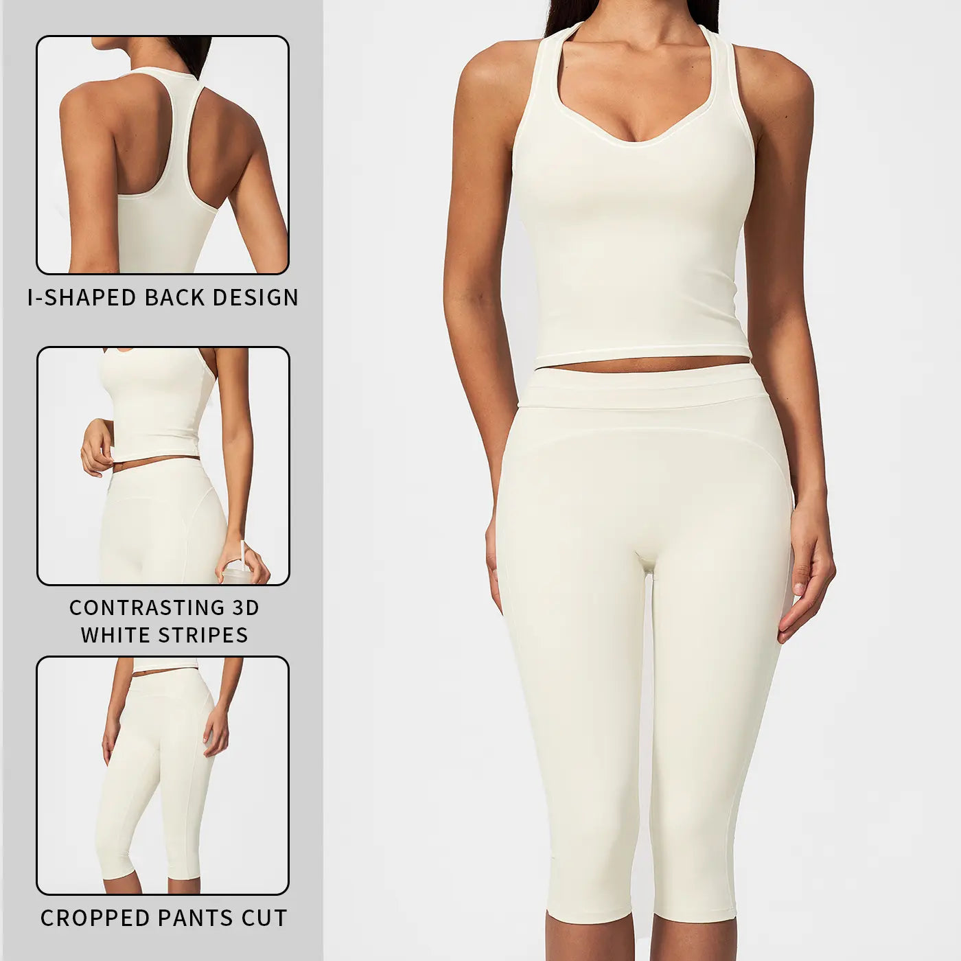 MFVIM Women’S Type I “I” Back Design Yoga Set with Color-Block Lines — High-Waisted 3/4 Yoga Shorts and Shaping Fitness Two-Piece for a Second-Skin Feel