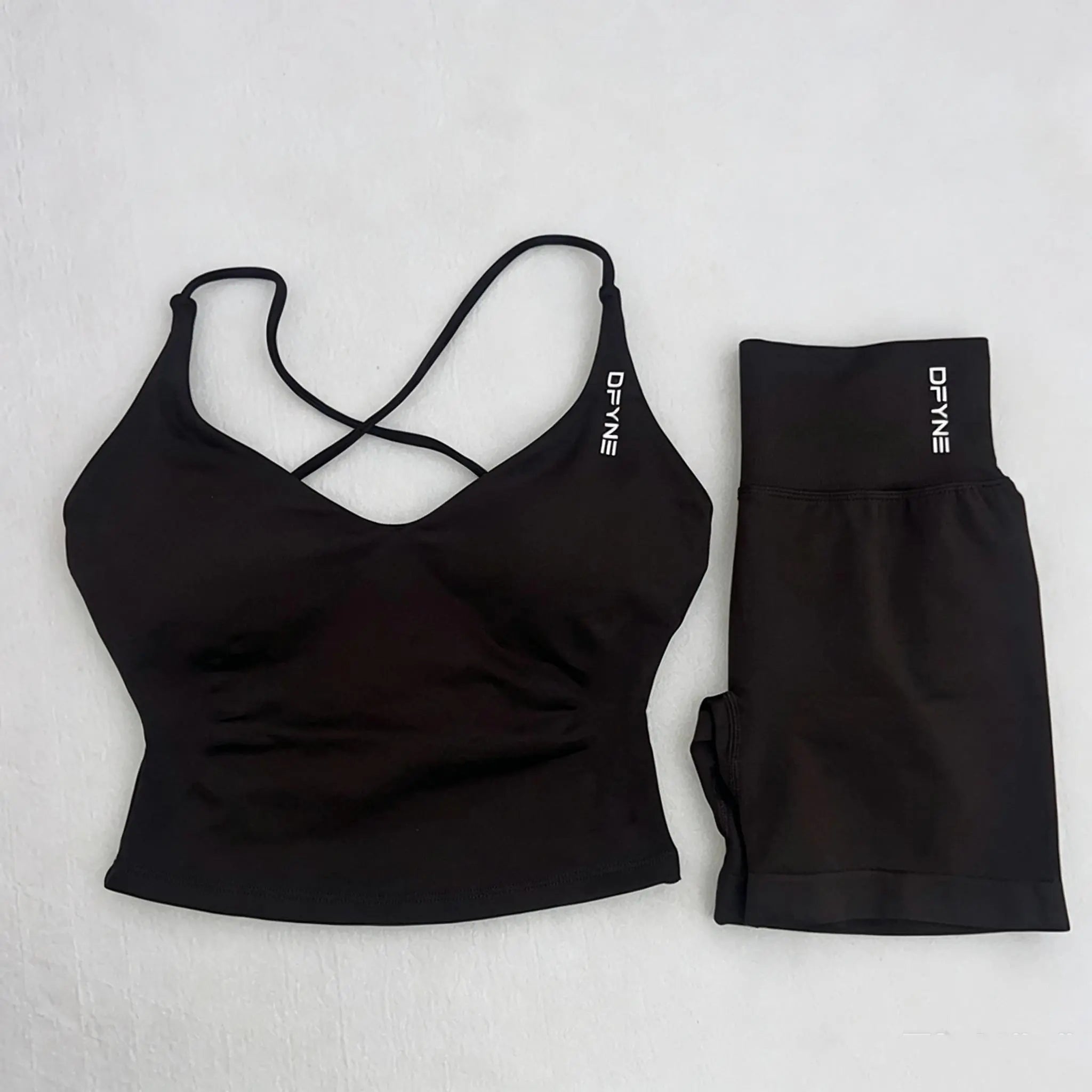DFYNE Women'S 2-Piece Seamless Workout Set - Padded Criss Cross Strappy Back Sports Crop Bra, High Waist Butt Lifting 3In Squat Proof Bike Shorts for Gym, Yoga