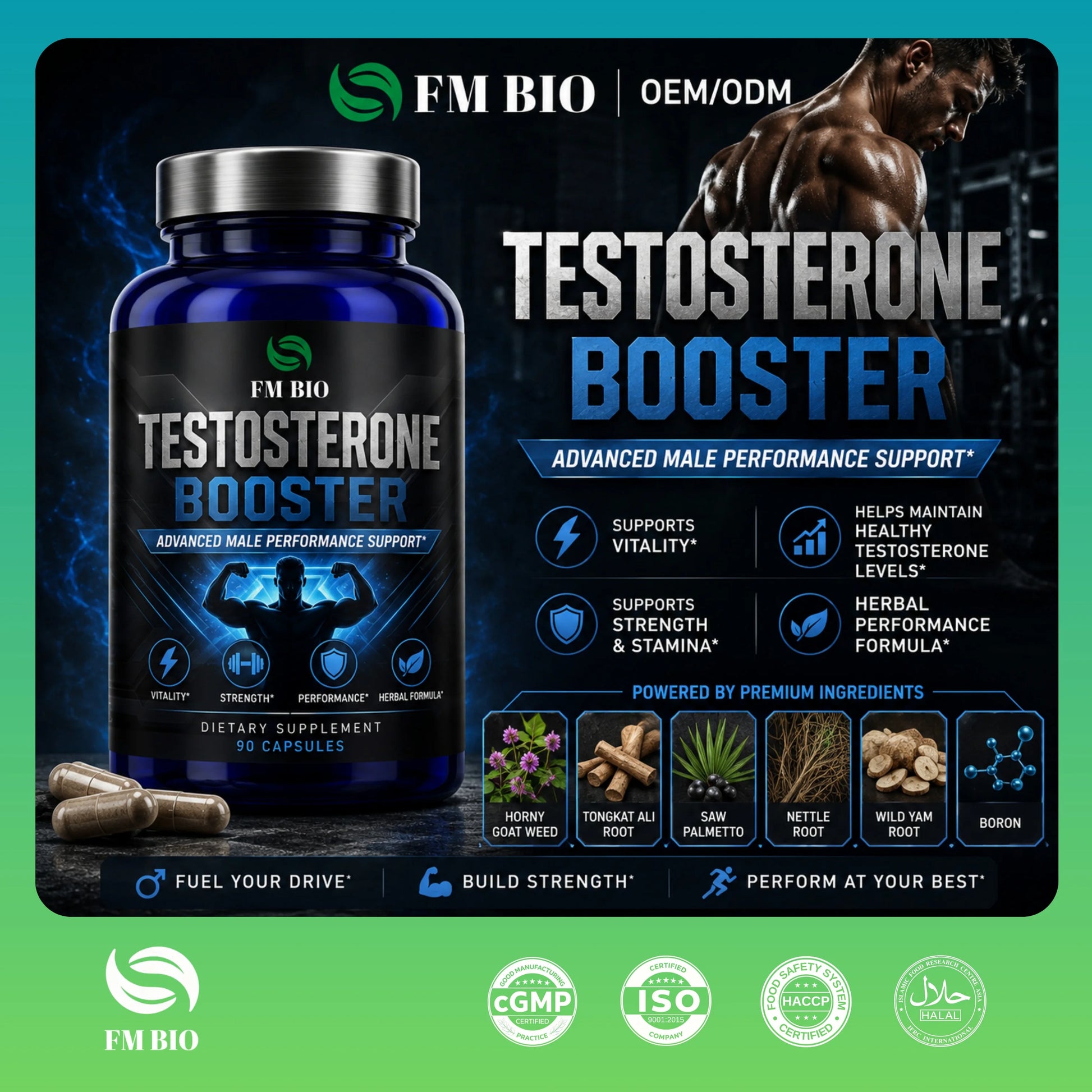 Custom Male Vitality Muscle Support Capsules Tongkat Ali Complex Natural Herbal Sports Supplement 90 Count