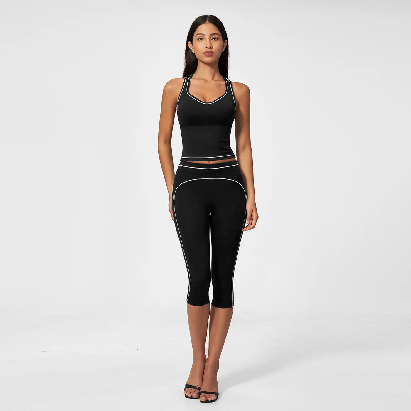 MFVIM Women’S Type I “I” Back Design Yoga Set with Color-Block Lines — High-Waisted 3/4 Yoga Shorts and Shaping Fitness Two-Piece for a Second-Skin Feel