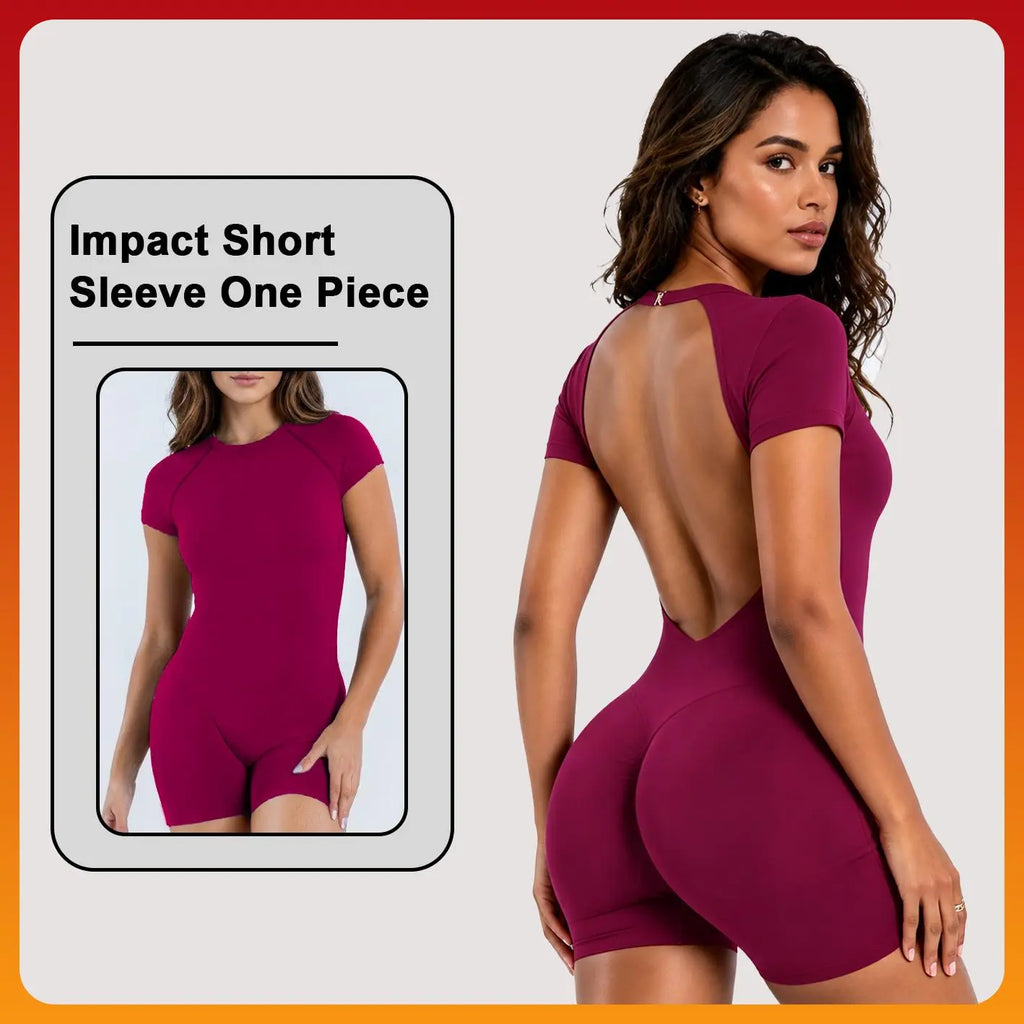[SIZE up 1] DENFY Impact Short Sleeve One Piece Women Soft Padded Bralette Tummy Control Butt Lifting Gym Workout Yoga One Piece Activewear [STRONG COMPRESSED]