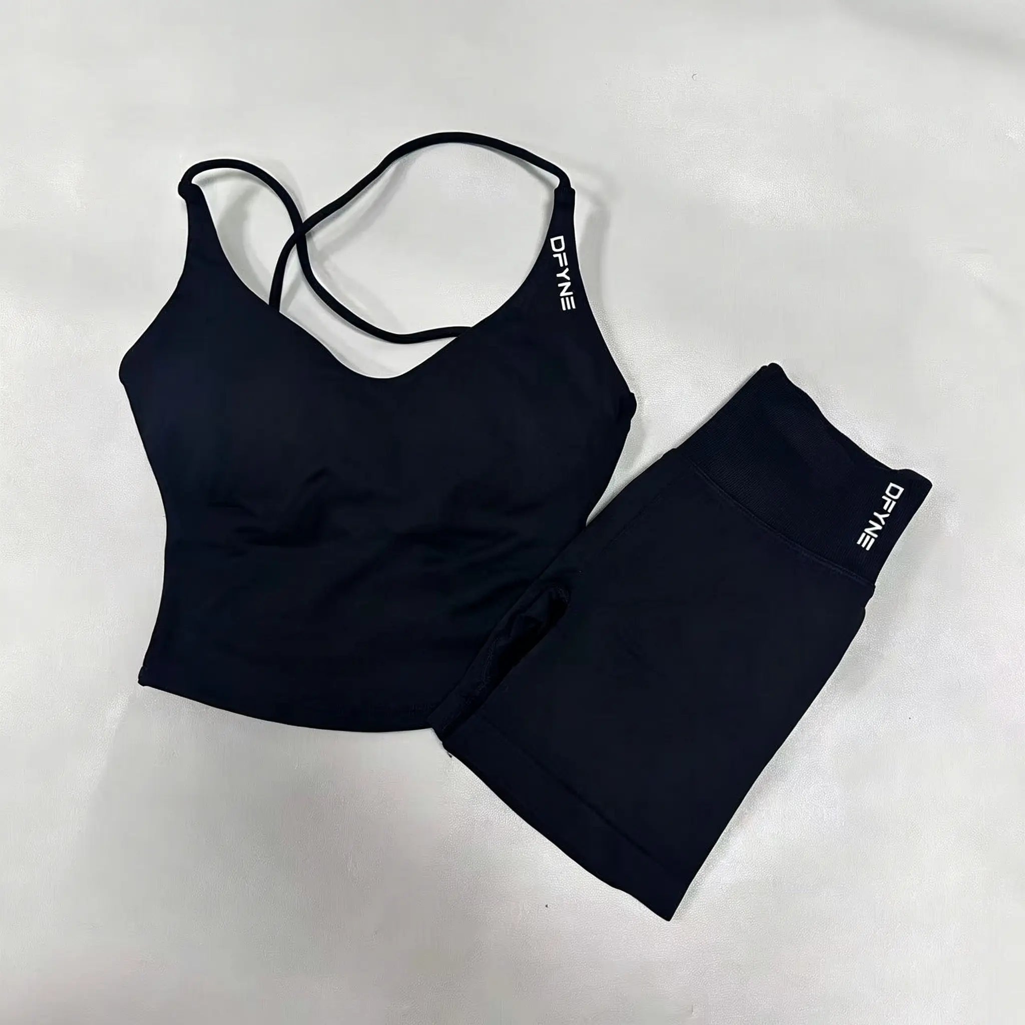 DFYNE Women'S 2-Piece Seamless Workout Set - Padded Criss Cross Strappy Back Sports Crop Bra, High Waist Butt Lifting 3In Squat Proof Bike Shorts for Gym, Yoga