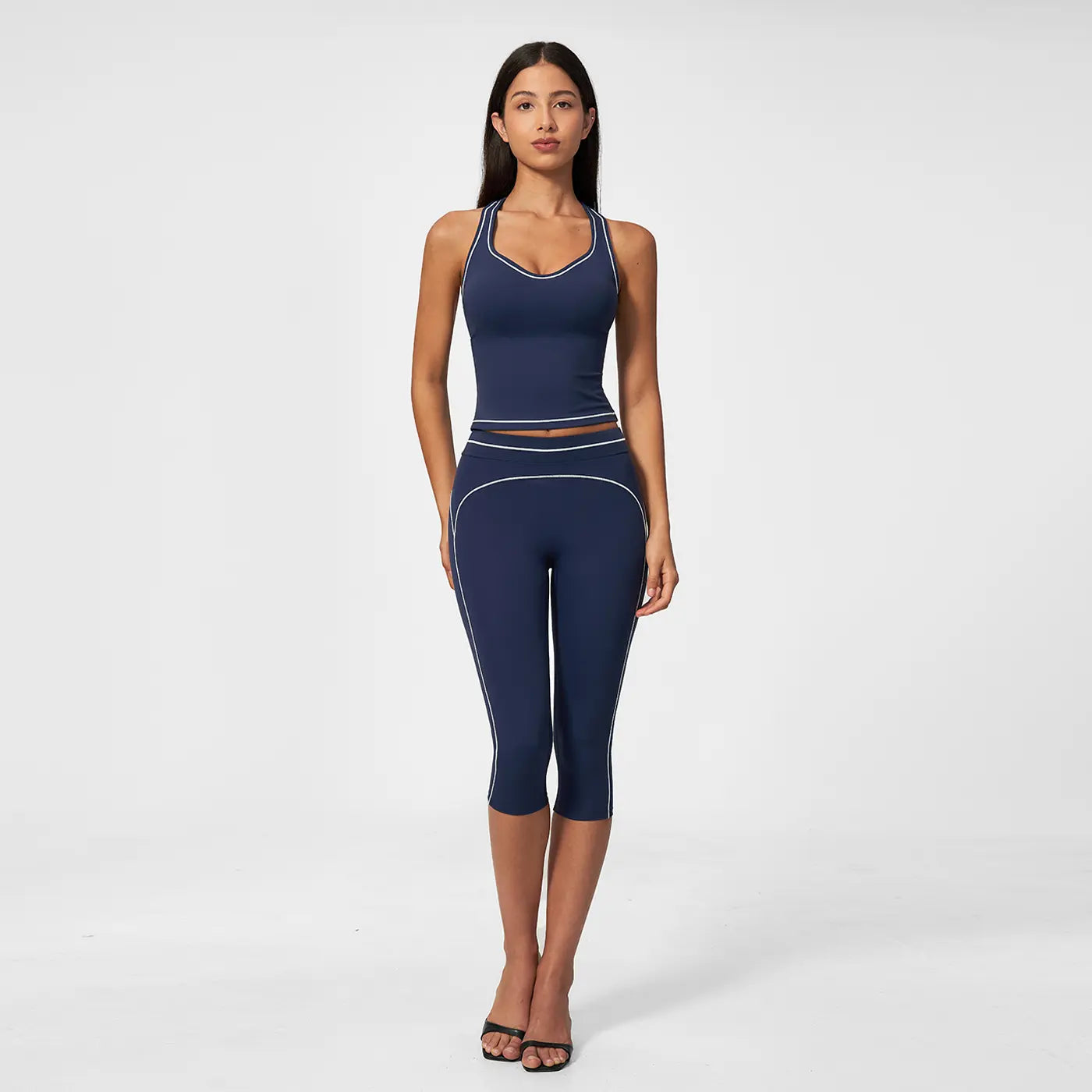MFVIM Women’S Type I “I” Back Design Yoga Set with Color-Block Lines — High-Waisted 3/4 Yoga Shorts and Shaping Fitness Two-Piece for a Second-Skin Feel