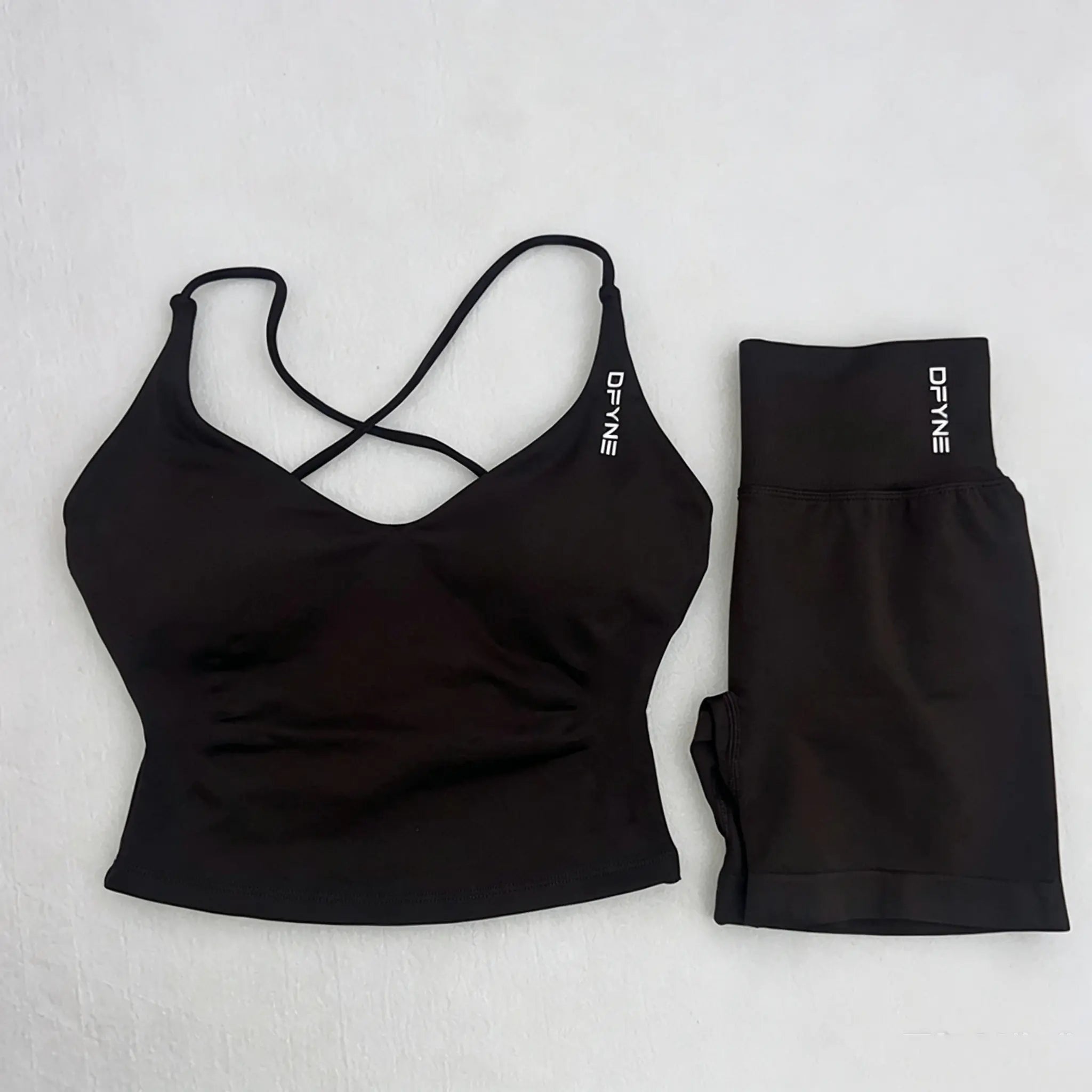 DFYNE Women'S 2-Piece Seamless Workout Set - Padded Criss Cross Strappy Back Sports Crop Bra, High Waist Butt Lifting 3In Squat Proof Bike Shorts for Gym, Yoga