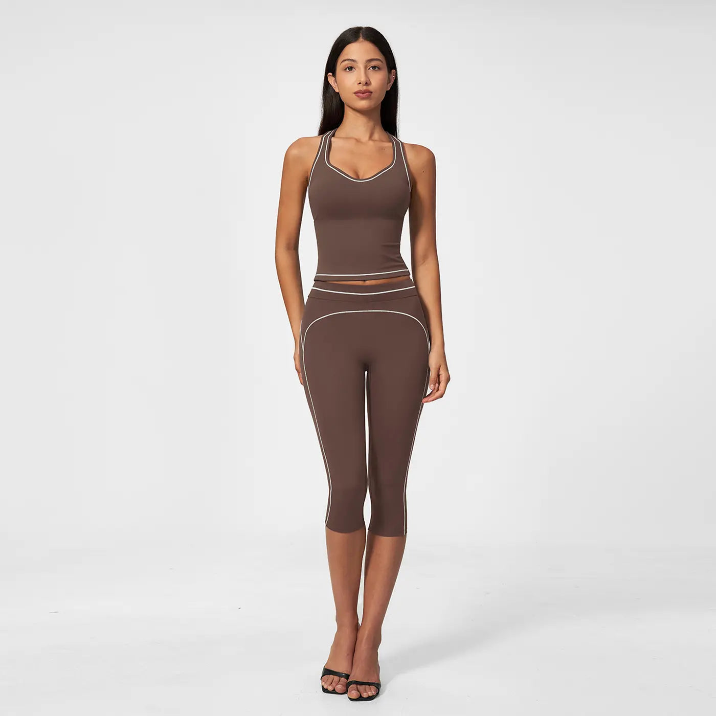 MFVIM Women’S Type I “I” Back Design Yoga Set with Color-Block Lines — High-Waisted 3/4 Yoga Shorts and Shaping Fitness Two-Piece for a Second-Skin Feel
